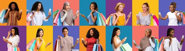 ショッピングアプリ スマートフォンを使用して幸せな多文化女性とカラフルな紙ショッパーバッグを保持 にこにこ女性閲覧モバイルアプリケーションで割引や販売情報 コラージュ — ストック写真