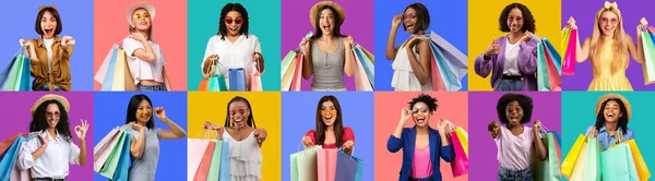 Szezonális Értékesítés Boldog Többnemzetiségű Hölgyek Gazdaság Sok Bevásárló Táskák Kezében — Stock Fotó