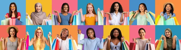 成功的购物 快乐的多种族女性手握明亮的购物袋翻过五颜六色的工作室背景 享受季节性销售和打折的购物狂女性 大学生 — 图库照片