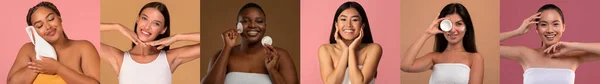 밀레니엄 여성들은 크림을 바르고 피부를 정화하고 배경에 치료를 즐기고 스튜디오 — 스톡 사진