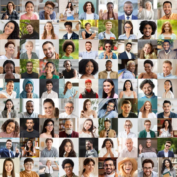 Collage Personas Multirraciales Felices Avatares Varios Fondos Hombres Mujeres Atractivos —  Fotos de Stock