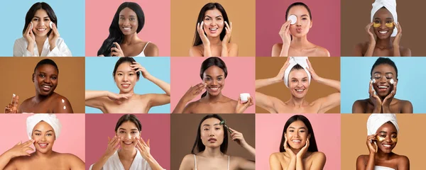 Веселі Тисячолітні Багатоетнічні Жінки Застосовують Крем Патчі Розчісують Волосся Використовують — стокове фото