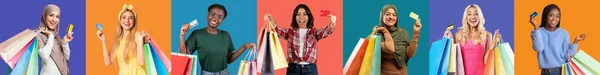 Csoport Boldog Többnemzetiségű Nők Bevásárló Táskák Hitelkártyák Kezében Pózol Színes — Stock Fotó