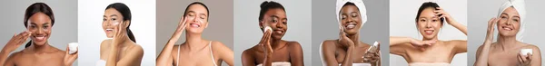Glad Milléniaux Femmes Multiraciales Appliquent Crème Lotion Profiter Soins Spa — Photo