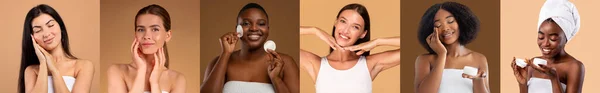 Glad Millennial Adulto Diferentes Mujeres Aplican Crema Limpiar Piel Perfecta —  Fotos de Stock