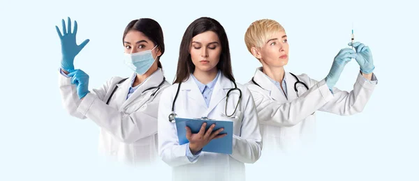 医学概念 综合形象 穿着制服站在白色背景下的女医生 有创意的医疗标语 有爱心的妇女 有自由的空间 — 图库照片