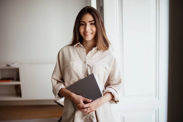 Smiling Pretty Millennial Mixed Race Female Casual Hold Laptop Looking — Stock Photo, Image