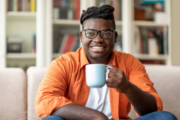 Happy Smiling Young Black Man Casual Outwear Wearing Eyeglasses Sitting — Stock Photo, Image