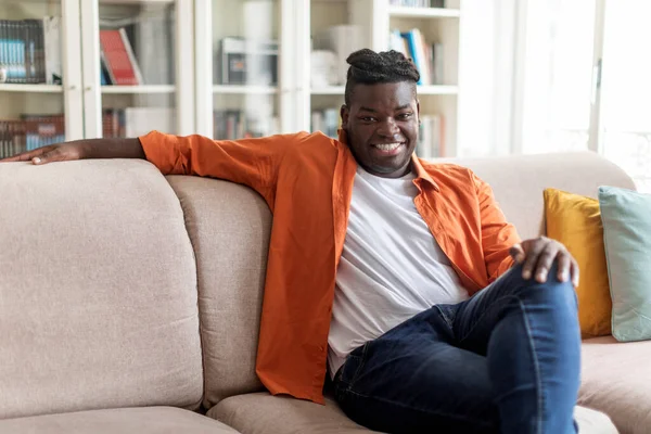 Relaxed Cheerful Young Black Guy Braids Casual Comfy Outfit Chilling — Stock Photo, Image