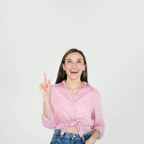 Excited Emotional Happy Young Beautiful Woman Casual Outfit Pointing Copy — Stock Photo, Image