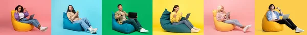 Diverse Gelukkige Mensen Ontspannen Bonentassen Met Verschillende Gadgets Kleurrijke Achtergrond — Stockfoto