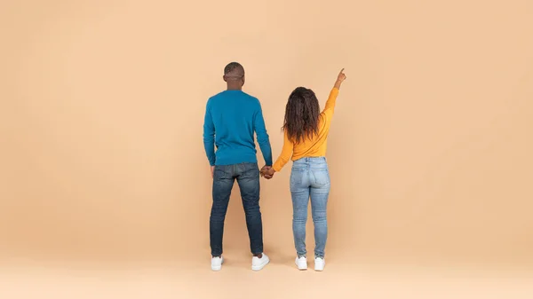 認識できないアフリカ系アメリカ人のカップルは 手と女性のポインティングを保持し コピースペースで壁を見て ベージュのスタジオの背景 パノラマ バックビュー — ストック写真