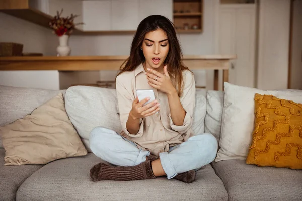 Sad Shocked Millennial Mixed Race Woman Looking Phone Reading Message — Stock Photo, Image