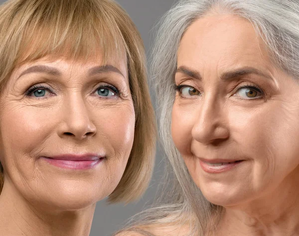 Aging and beauty, skin care for seniors concept. Closeup portrait of two attractive elderly women smiling at camera, isolated on grey studio background, collage