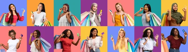 Gelukkig Winkelen Vreugdevolle Multi Etnische Dames Met Credit Cards Heldere — Stockfoto