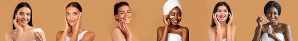 笑顔千年の多人種の女性は クリーム パッチを適用し 完璧な肌を浄化し ベージュの背景 スタジオ パノラマでスパの治療と毎日の手順をお楽しみください 保湿化粧品 — ストック写真