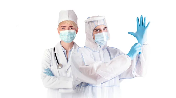 Pandémiás Egészségügyi Ellátás Egészségügyi Dolgozók Visel Arc Maszkok Védőruházat Álló — Stock Fotó