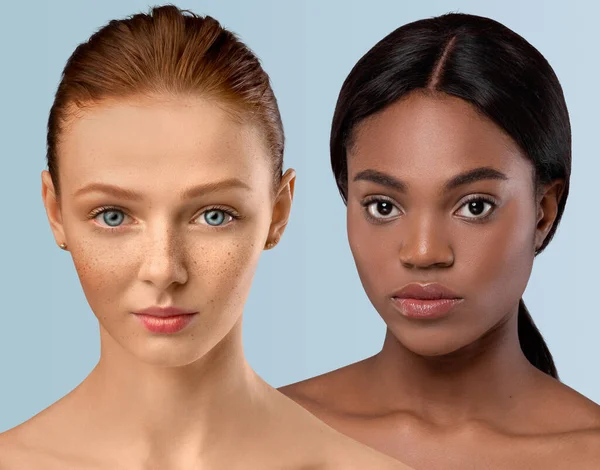 Youth Skin Care Young Females Concept Closeup Attractive Multiracial African — Stock Photo, Image