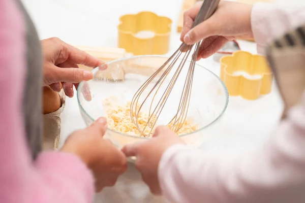 Hands European Lady Little Girl Aprons Preparing Cookie Dough Kitchen — Stock Photo, Image
