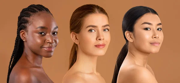 Szépség Portré Vonzó Fiatal Multikulturális Meztelen Nők Természetes Smink Tökéletes — Stock Fotó