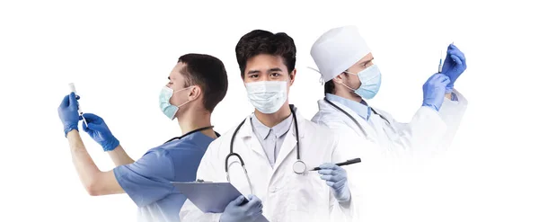 Ιατρικό Μπάνερ Δημιουργικό Κολλάζ Διάφορους Γιατρούς Προστατευτικές Μάσκες Απομονωμένοι Άσπρο — Φωτογραφία Αρχείου