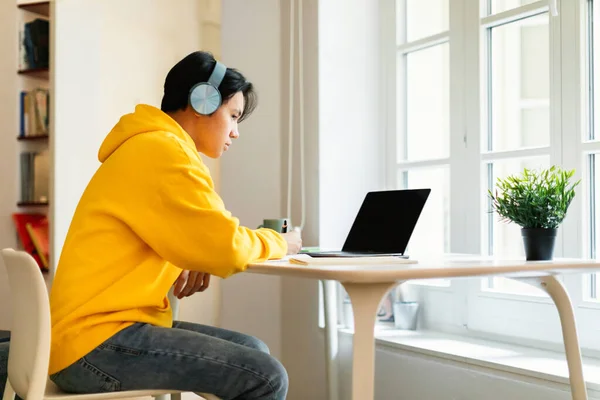 中国少年在笔记本电脑前学习 头戴耳机 做家庭作业 坐在家里的办公桌前 电子学习和现代教育 侧视镜头 — 图库照片