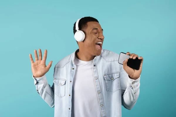 Glad Millennial Black Man Wireless Headphones Closed Eyes Listens Music — Stock Photo, Image