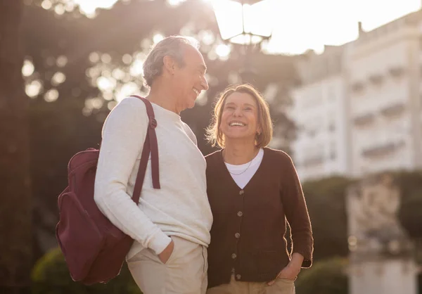 Happy Retirement Life Positive Senior Spouses Laughing Standing Backpack Enjoying — Stock Photo, Image