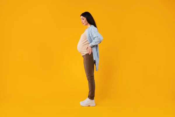 Full Body Length Shot Young Pregnant Woman Standing Yellow Studio — Stock Photo, Image