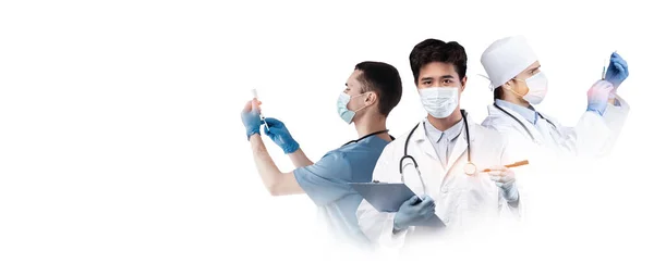 Colagem Criativa Com Vários Médicos Durante Mudança Trabalho Hospital Isolado — Fotografia de Stock