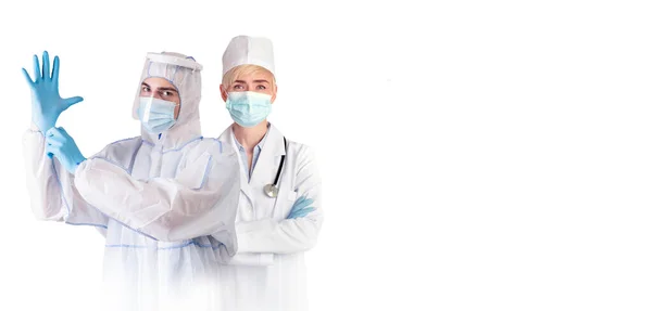 Pandemia Koronawirusów Różnorodni Lekarze Noszący Maskę Twarzy Ochronną Odzież Medyczną — Zdjęcie stockowe