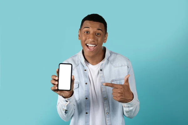 Smiling Funny Millennial Black Male Open Mouth Showing Finger Smartphone — Stock Photo, Image