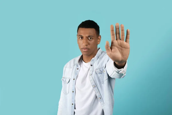 Sad Angry Serious Confident Millennial Black Guy Casual Showing Hand — Stock Photo, Image
