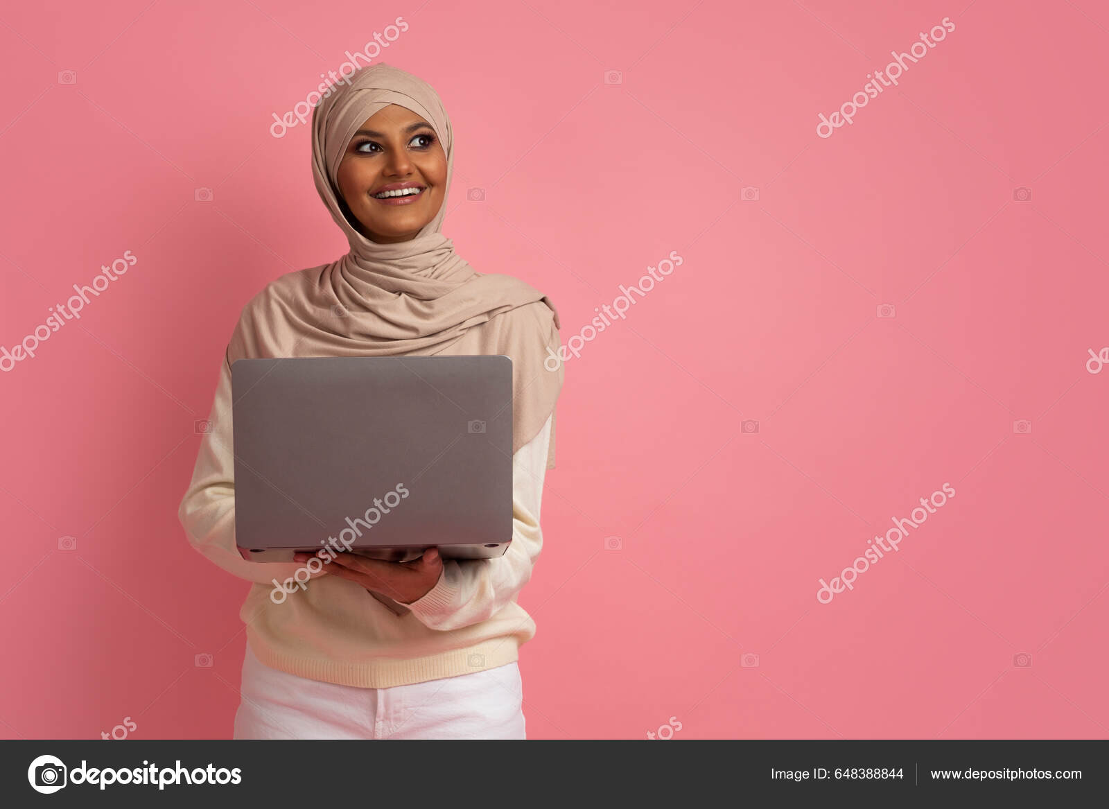 Online Education Portrait Smiling Muslim Female Hijab Holding Laptop Looking Stock Photo Milkos 648388844