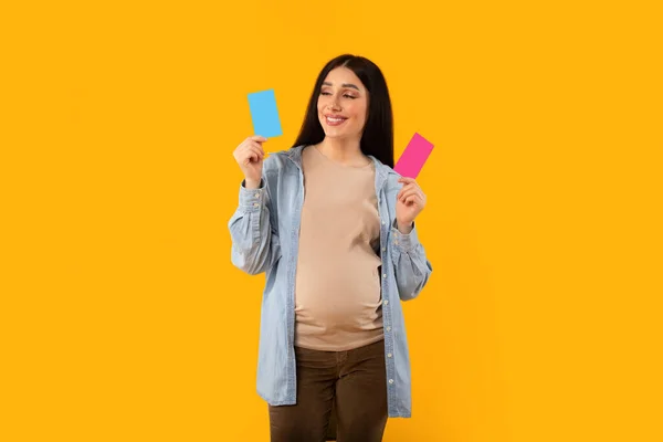 青い紙とピンクの紙を持っている子供を待っている幸せな妊婦は 男の子か女の子であるかを推測し 子供の名前について考え 黄色の背景にポーズ — ストック写真