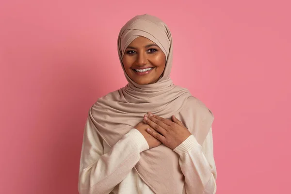Gratitude Concept Portrait Thankful Muslim Woman Hijab Keeping Hands Chest — Stock Photo, Image