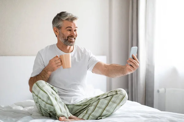 Emotional Happy Smiling Handsome Grey Haired Middle Aged Man Wearing — Stock Photo, Image