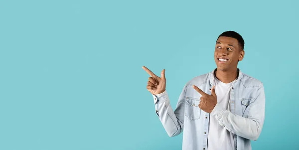 Glad Happy Millennial Black Male Pointing Finger Empty Space Isolated — Stock Photo, Image