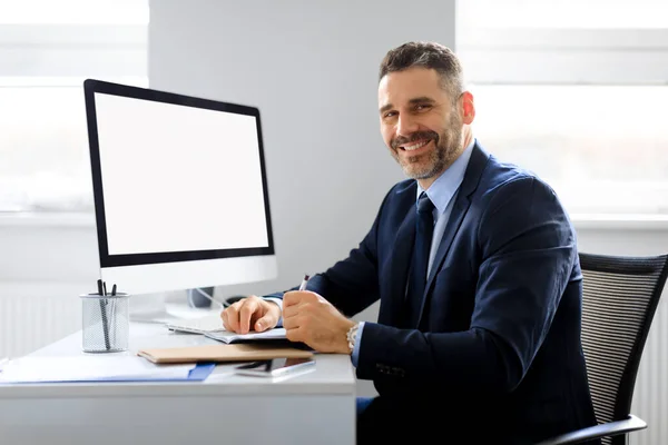 Happy Businessman Sitting Desk Working Computer Mockup Website Design Empty — Stock Photo, Image