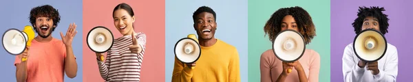 Great Promo. Excited Multiethnic People Using Megaphone For Making Announcement, Diverse Cheerful Men And Women Holding Loudspeakers, Sharing News While Standing On Colorful Backgrounds, Collage