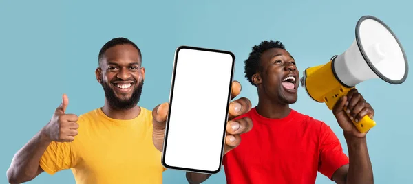 Black Men Making Announcement Megaphone Showing Blank Smartphone White Screen — 스톡 사진