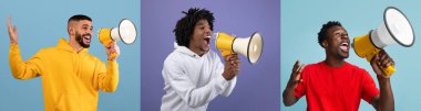 Announcement Concept. Excited Black Males Shouting With Megaphone, Three Cheerful Multiethnic Guys Holding Loudspeakers, Sharing News, Standing Isolated Over Colorful Backgrounds, Collage clipart