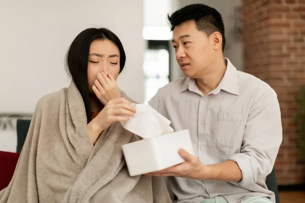 Sick Asian Lady Wrapped Blanket Sitting Sofa Sneezing Nose Caring — Stock Photo, Image