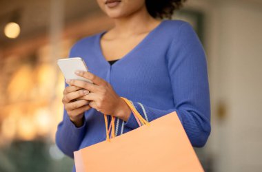 Tanımlanamayan Siyah Kadın Alıcı Telefon Kullanıyor Kağıt Torbası Alışveriş Merkezi 'nde duruyor. Cep telefonundan alışveriş yapan bayanın cep telefonu uygulamasını kullanırken çekilmiş görüntüsü. Seçici Odaklanma