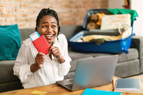 Happy African American Woman Showing Passport Air Ticket Rejoicing Buying — Stock Photo, Image