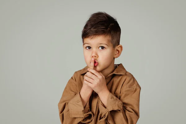 Mystery Serious Funny Caucasian Years Old Little Boy Show Finger — Stock Photo, Image