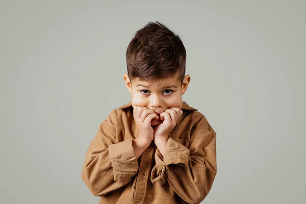 Frightened Scared Caucasian Years Old Little Boy Casual Afraid Puts — Stock Photo, Image