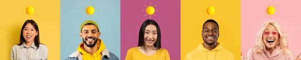 Uśmiechnięci Młodzi Wieloetniczni Ludzie Słońcem Nad Głową Odizolowani Kolorowym Tle — Zdjęcie stockowe