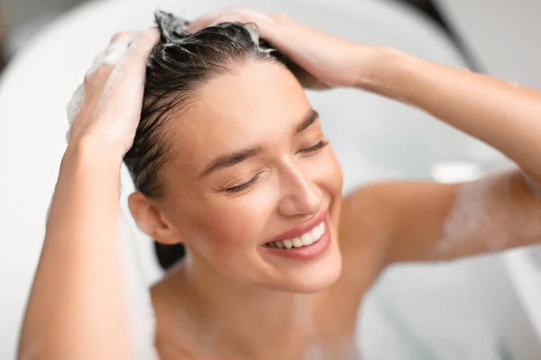 Haircare Routine Smiling Woman Washing Head Eyes Closed Caring Hair — Stock Photo, Image
