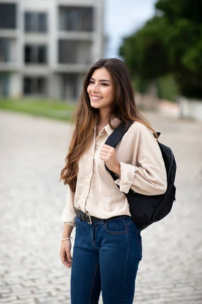 Smiling Pretty Millennial Caucasian Lady Brunette Student Casual Backpack Looks — Stock Photo, Image